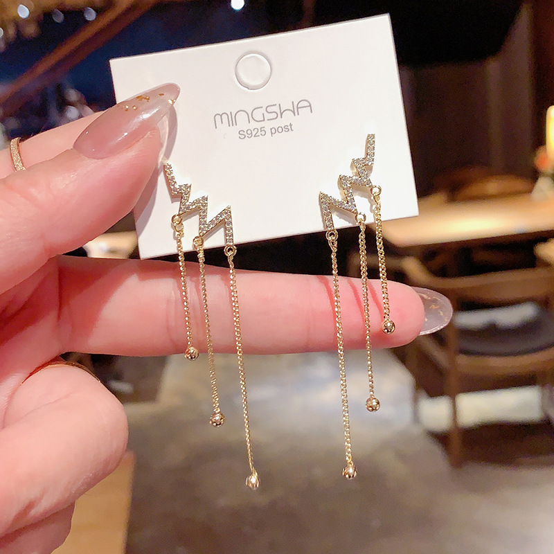 S925银针韩国东大门长款水钻心电图耳环流苏网红气质耳钉耳饰批发