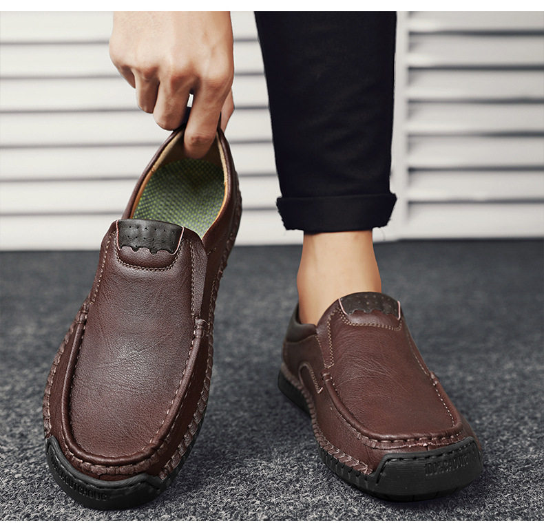 Giày lười nam da bò khâu thủ công cổ thấp mũi tròn, đế bằng — 9914 kaki, 9914 màu đen, 9914 nâu sẫm, Màu xám 9914 chi tiết 15