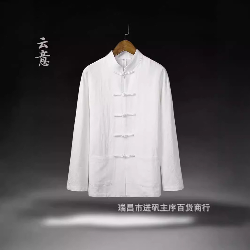 Linen Shirt Men's Foreign Trade Guofeng Men's Chinese Zhongshan Suit Han Suit New Chinese Style Tea Suit Long Sleeve Magua Men Shirt