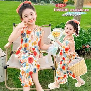 2024 new children's western style fashion sleeveless three-dimensional flower wide leg pants women's suit