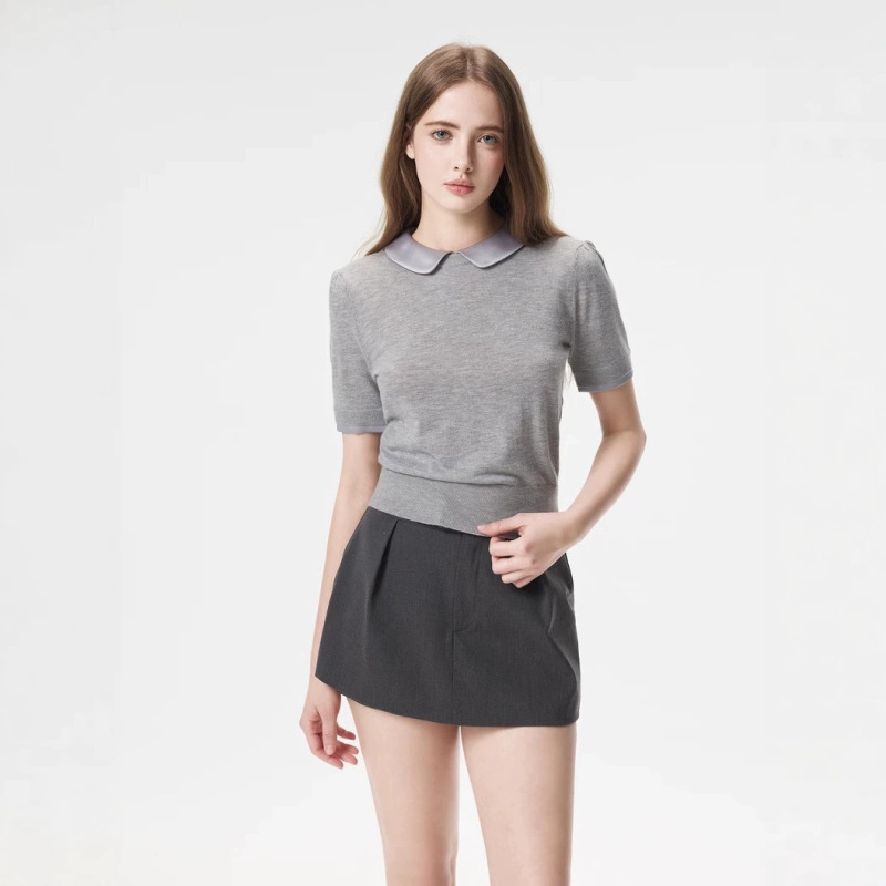 Aveneme Tencel Doll Collar Knit Top/White Short-Sleeved T-Shirt Short Style + Skirt Petite Set Aveneme Tencel Doll Collar Knit Top/White Short-Sleeved T-Shirt Short Style + Skirt Petite Set