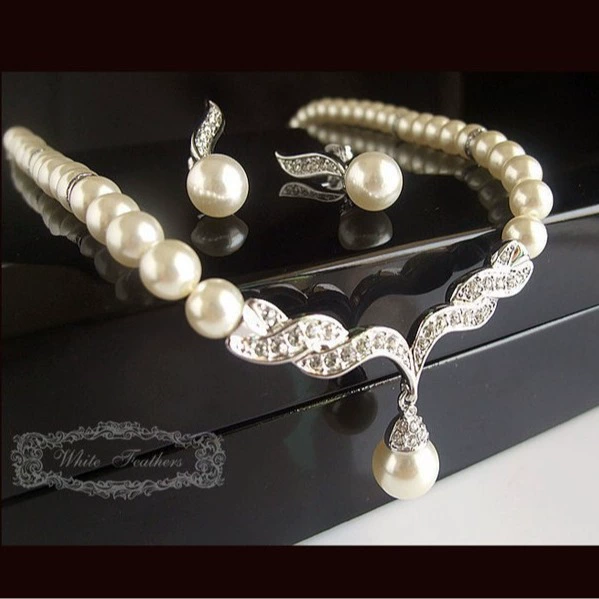Bridal jewelry set Korean style, pearl necklace & earrings, alloy with rhinestones, 42 cm+5 cm chain