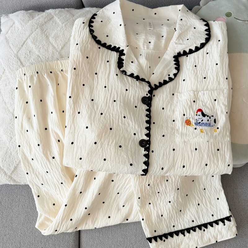 In-Stock Vintage Chanel-Style Plus-Size Women's Pajamas, Spring Long-Sleeve Lace Polka Dot Cute Embroidered Dog Home Wear In-Stock Vintage Chanel-Style Plus-Size Women's Pajamas, Spring Long-Sleeve Lace Polka Dot Cute Embroidered Dog Home Wear