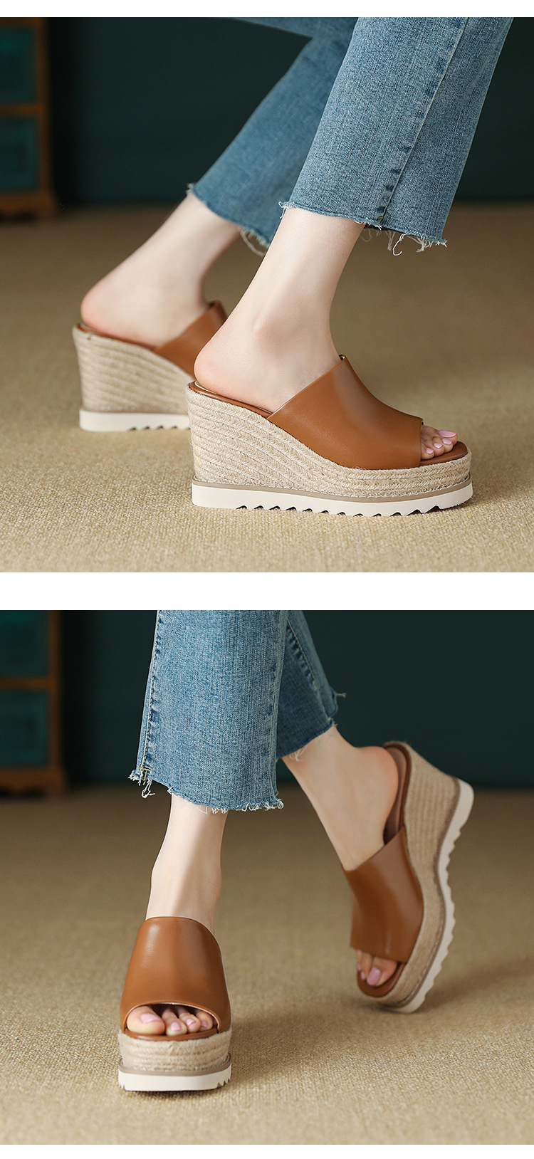 Sandal cao gót nữ hở mũi đế xuồng đan rơm phong cách La Mã — màu nâu, màu trắng ngà chi tiết 4