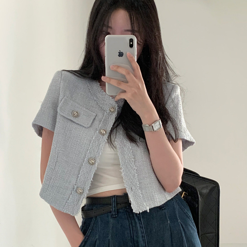 Korean Tweed Short Jacket for Women, Summer French V-Neck with Fringe Design, Single-Breasted Short-Sleeve Top