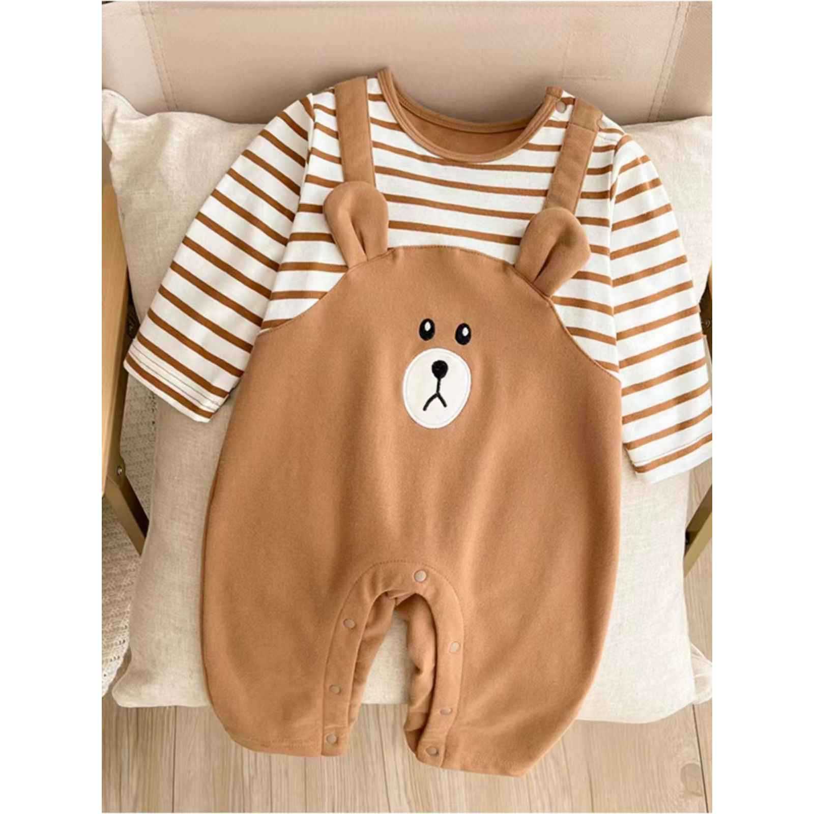 Ropa de primavera y otoño para bebés, oso de dibujos animados, falso dos piezas de primavera y otoño, mameluco de una pieza de bebé, mameluco de manga larga