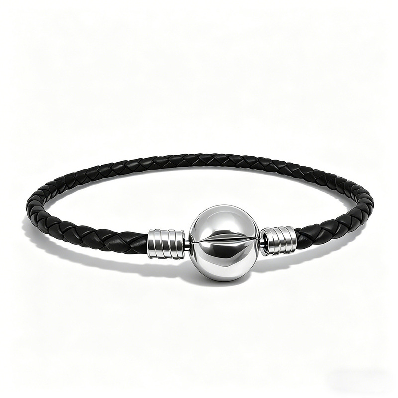 Panjia Logo Titanium Steel Buckle Braided Leather Cord Bracelet Black Single Loop Leather Round Buckle Basic Bracelet Cross-Border DIY Panjia Logo Titanium Steel Buckle Braided Leather Cord Bracelet Black Single Loop Leather Round Buckle Basic Bracelet Cross-Border DIY