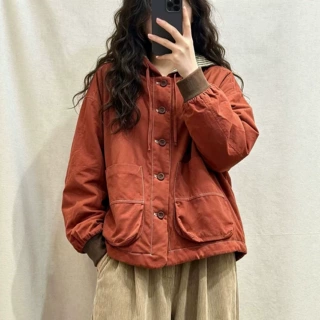 琪镌绘制冬韩版宽松复古减龄水洗棉大口袋连帽夹棉外套棉衣女712
