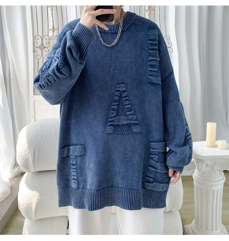 Men's Oversized Knit Sweater Round Neck Streetwear Pullover_voghion.com