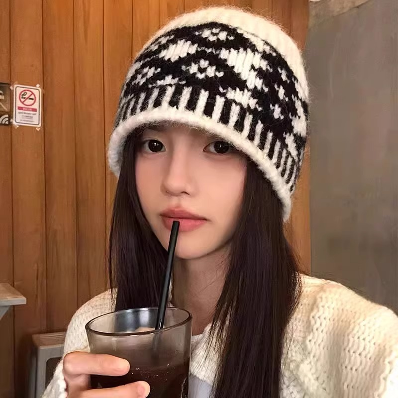 韩版复古包头帽女秋冬款小众拼色大头围针织帽保暖时尚显白毛线帽