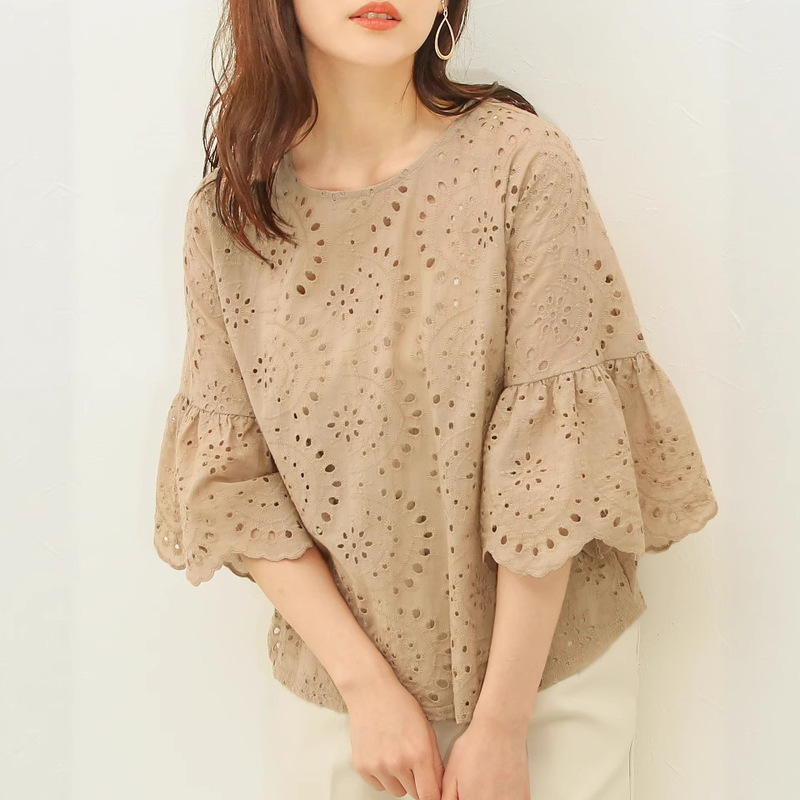 Spot 2023 Summer New Shirt Japanese and Korean-style Hollow Round Neck Shoulder Lace Pleated Sleeve Short-sleeved Loose Shirt