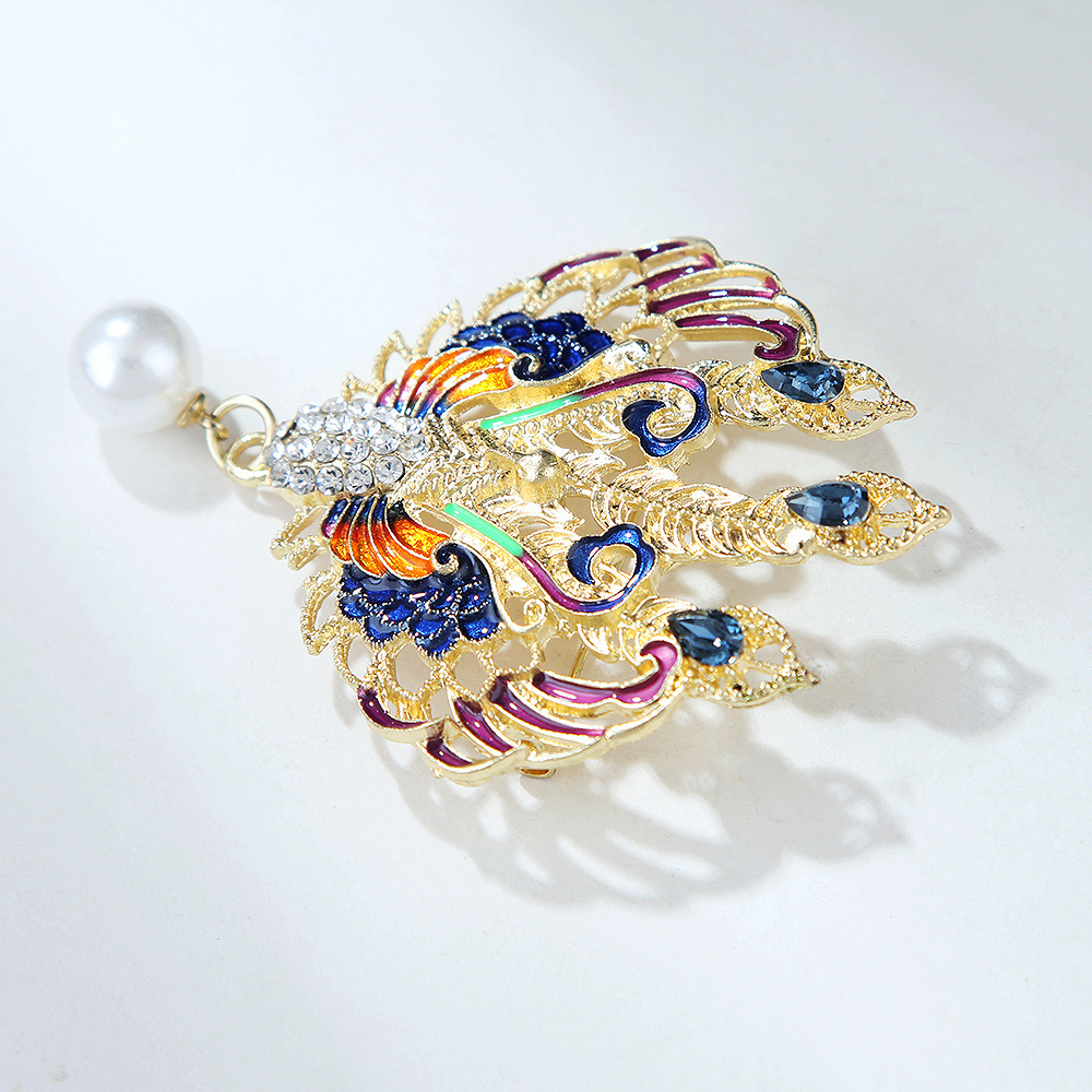Chinese Style Vintage Bird Face Phoenix Luxury Enamel Phoenix Alloy Brooch Women Pearl Smart Suit Accessories