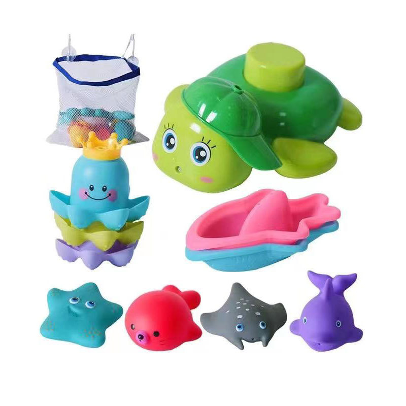Baño de los niños juguetes de agua de baño océano baño spray de agua de vinilo animal apilados taza de almacenamiento combinación traje