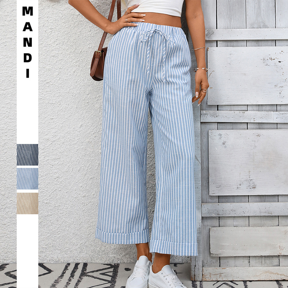 2026 Summer New Women's European and American Amazon Cross-Border Trade Striped High-Waisted Casual Fashion Cropped Pants