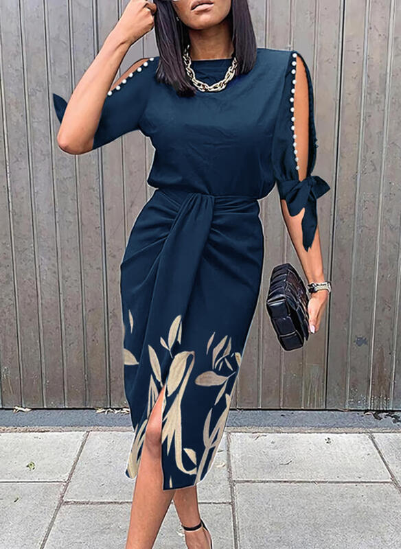 Women's Clothing High Waisted Blue Casual Dress New Mid Length Printed Sleeve Hollow Out Women's Clothing_ecoleips.com