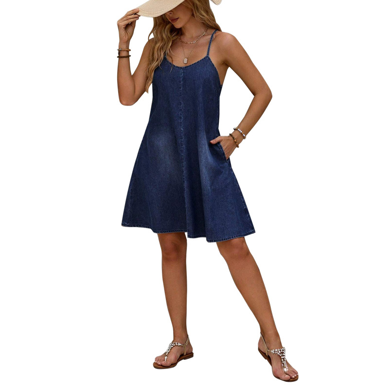 Women's Relaxed Style Denim Suspender Dress Casual Summer Clothing 218590 Cross Border Factory Direct Sales Regular Size_ecoleips.com