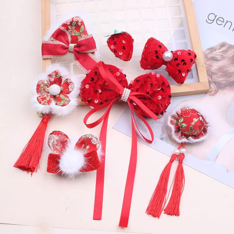 新年发饰配件唐装红色蝴蝶结头饰制作半成品儿童手工发夹diy材料