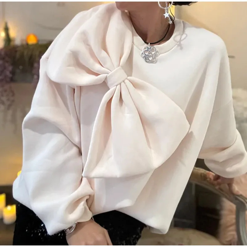 490g Weight Long Sleeve Sleeve Length Pullovers Placket Type Polyester Fabric Type Long Top Length Hoodie Tops Type Holiday, Tea Party Occasion Round Neck Neckline Loose Fit Type Solid Color Pattern Spring, Autumn Season Women's Gender Bowknot Design Casual, Elegant Style Wholesale Women's Casual Elegant Solid Color Long Sleeve Bowknot Blouses 6