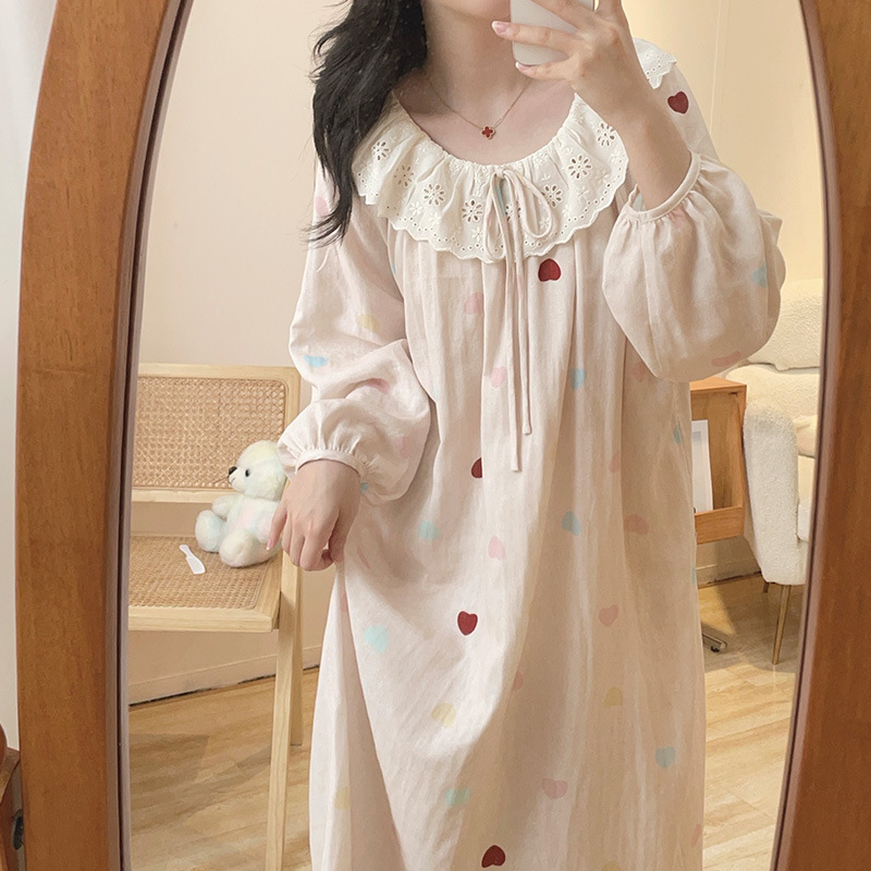 Sweet Loving Princess Lace Girl Cute Long-Sleeved Pajamas Home Clothes Loose Cloud Cotton Jumpsuit Nightgown