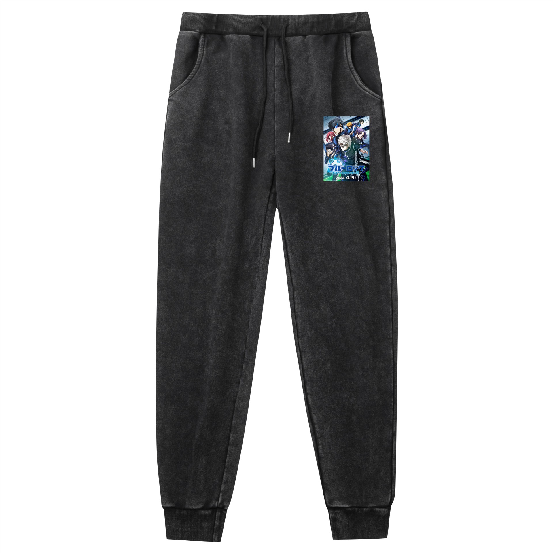 Lavado de comercio exterior y pantalones retro viejos BLUE LOCK azul prisión alrededor del código europeo impresión de venta caliente