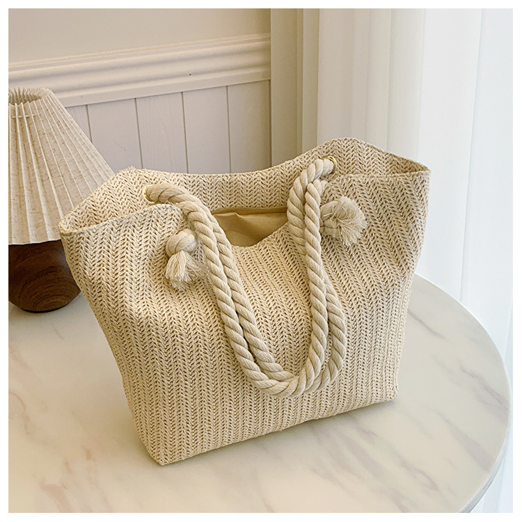 Storage Basket Bag, Rattan Handbag, Woven Shoulder Bag, Handmade Natural Rattan & Seagrass, Leather Trim, Eco-Friendly, Lightweight, Durable For Daily_voghion.com