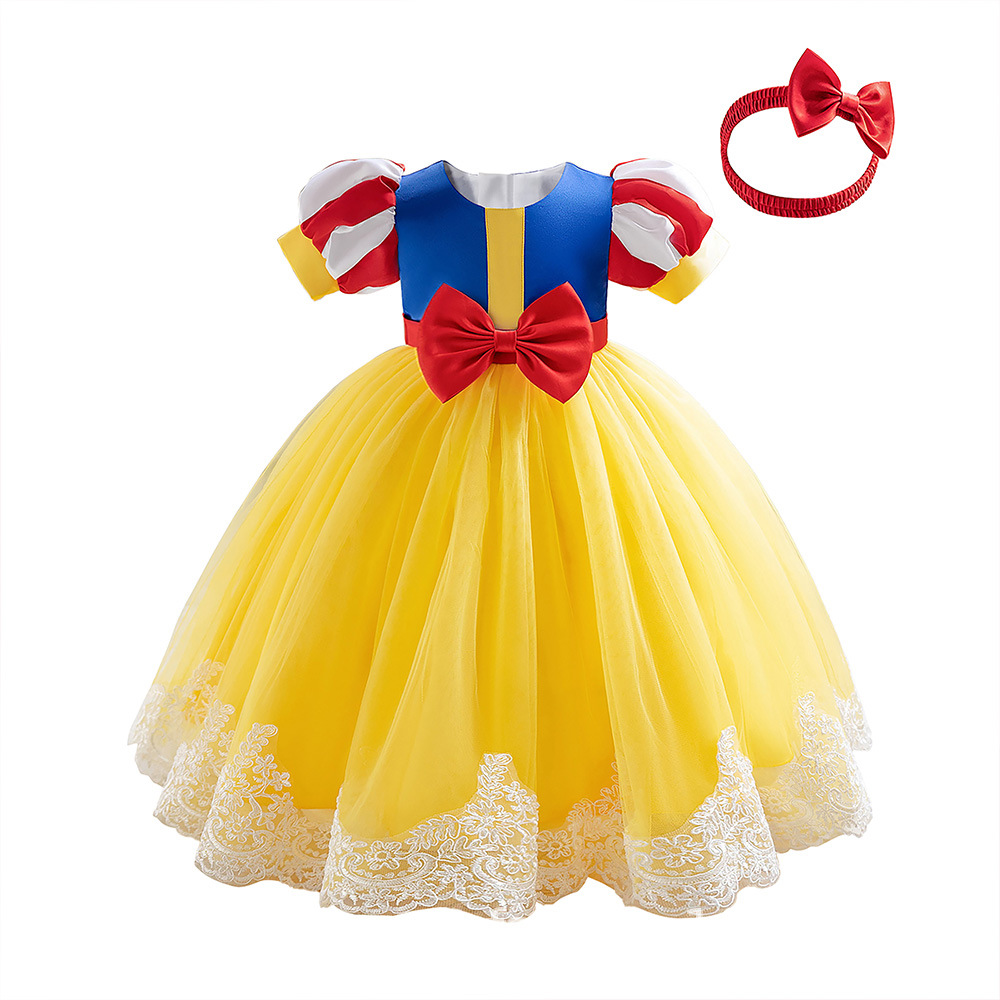Nuevo vestido de niños transfronterizo rojo, azul y amarillo tricolor burbuja manga forjada fiesta de chicas juegan vestido de Blancanieves