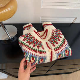 #绵羊绒#费尔岛复古提花毛衣外套女秋冬慵懒风宽松针织开衫