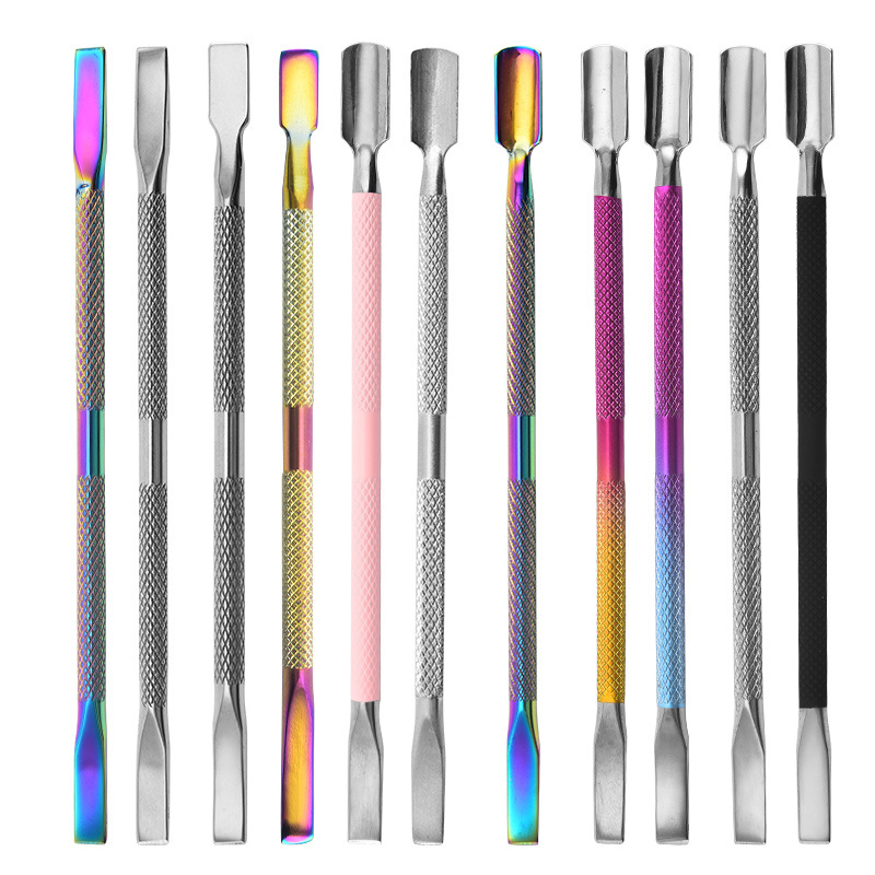 Uñas de acero inoxidable transfronterizas, empuje de acero para la piel muerta, empuje para quitar la armadura de doble cabezal, lima de uñas de titanio de color, herramienta para quitar la piel
