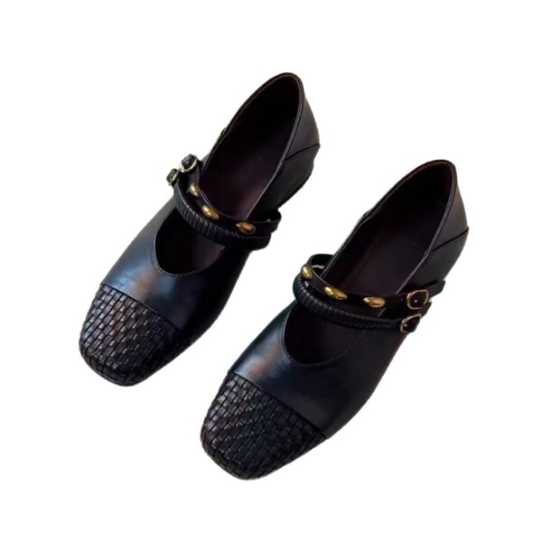 Retro woven autumn Mary Jane shoes square toe with a strap low-cut
