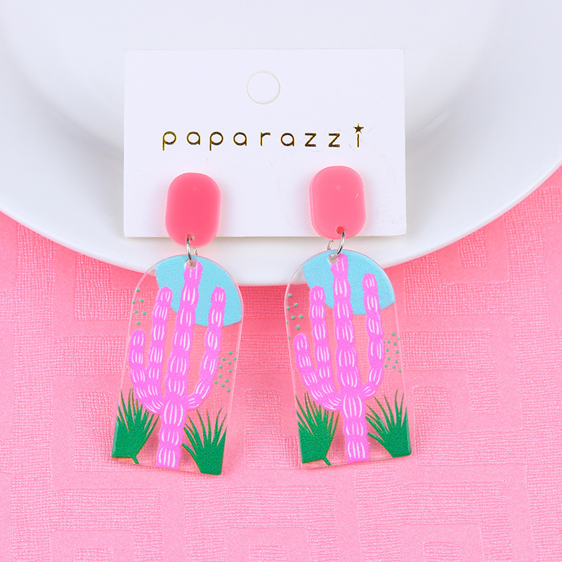Acrylic Material 1 Pair Fashion Cactus Stripe Heart Shape Patchwork Arylic Drop Earrings