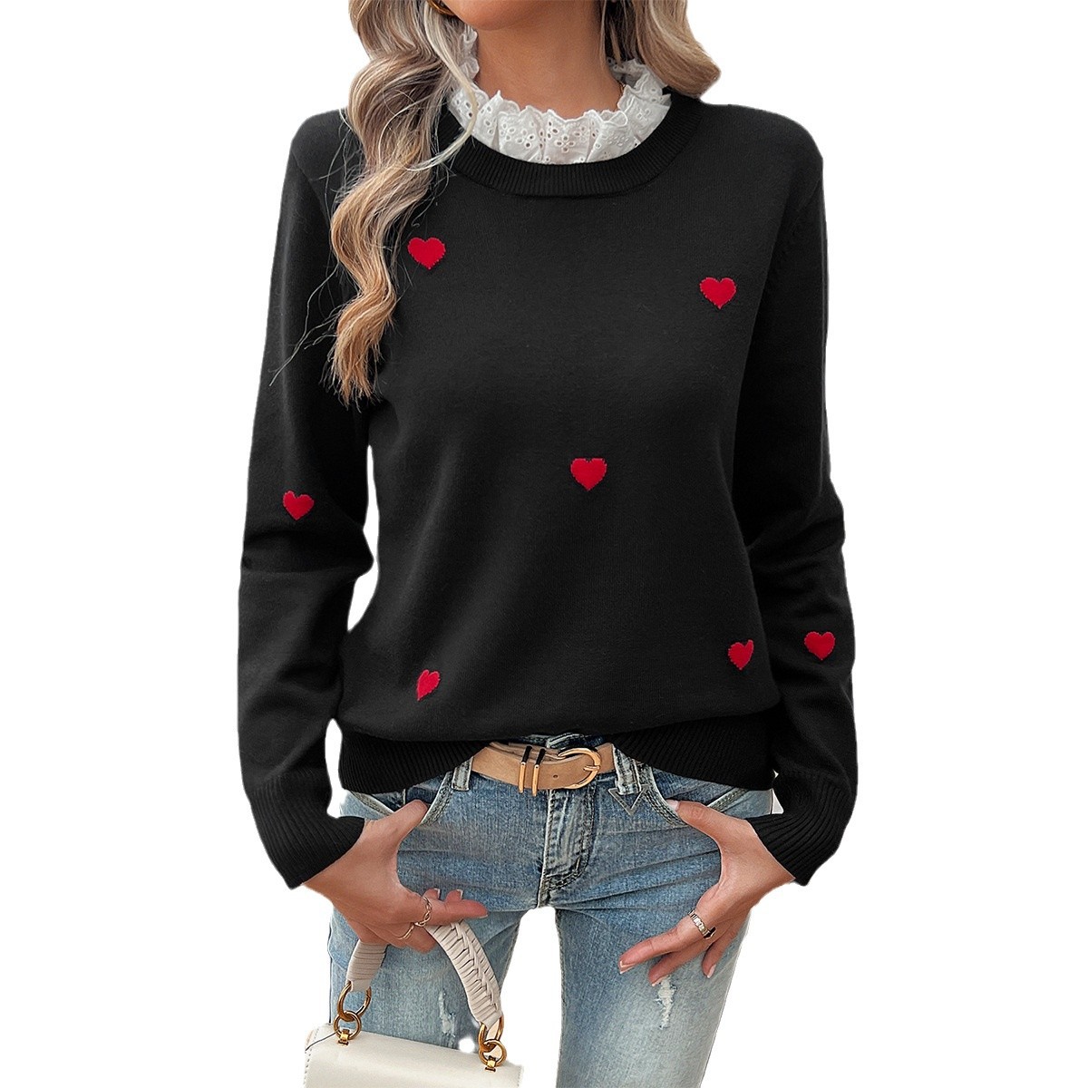 Kaikuo2025 otoño y invierno comercio exterior transfronterizo amazon dulce lindo viento bordado amor suéter de cuello de encaje ropa de mujer