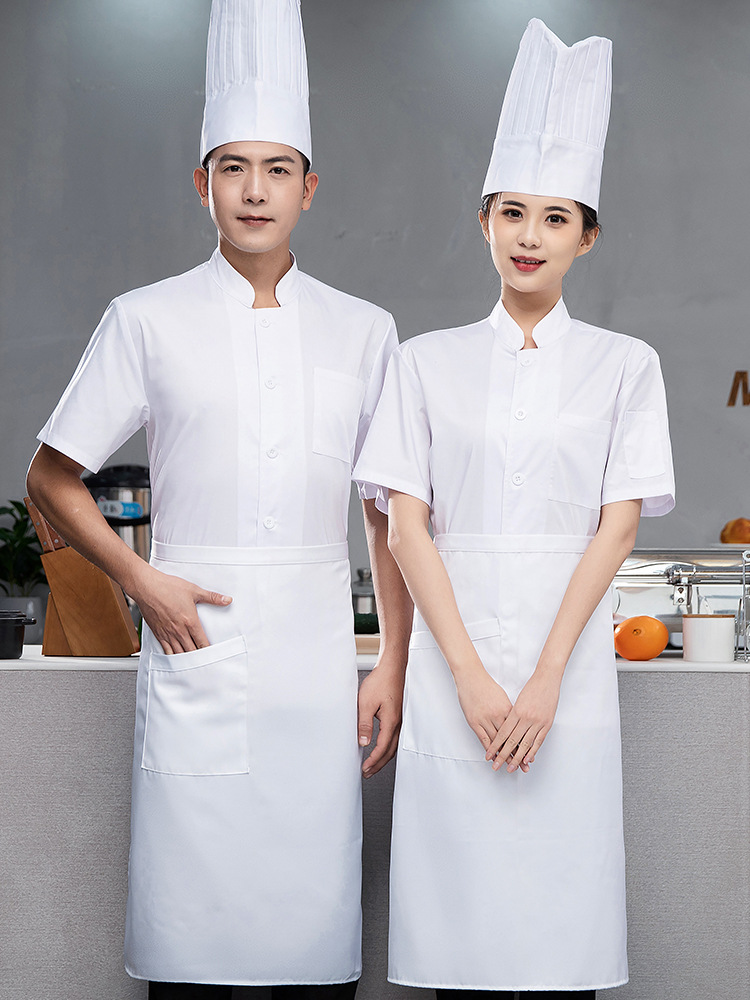 Ropa de trabajo de chef de algodón elástico para hombres de manga corta, estilo fino de verano, transpirable, ropa de cocina de hotel de alta gama después del comedor