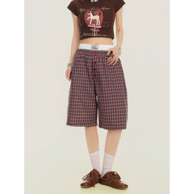 American High Street Style Double-Waist Plaid Short Wide-Leg Pants for Men and Women, Summer Casual Versatile Street Style Cropped Pants in Blue