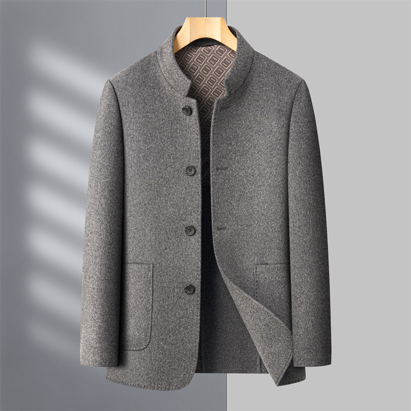 Autumn and Winter Middle-Aged Men's Wool Jacket Stand Collar Dad Tunic Casual Parka Dress Double-Sided Woolen Outwear