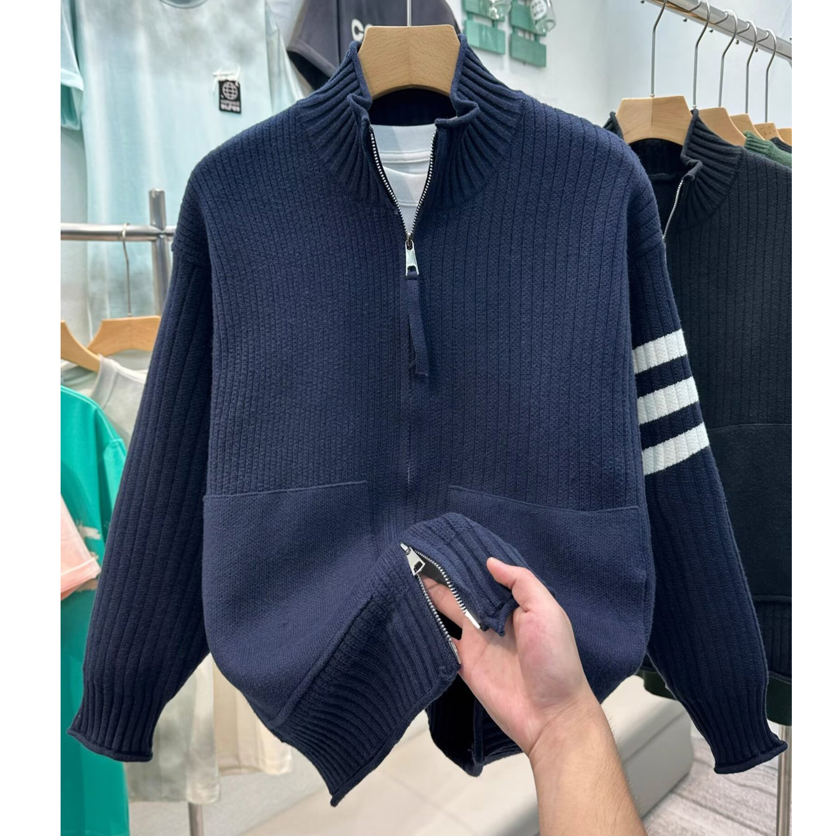 Explosiones transfronterizas de tamaño grande europeo tres barras a rayas cardigans jersey suéter hombre cardigans de negocios fábrica al por mayor