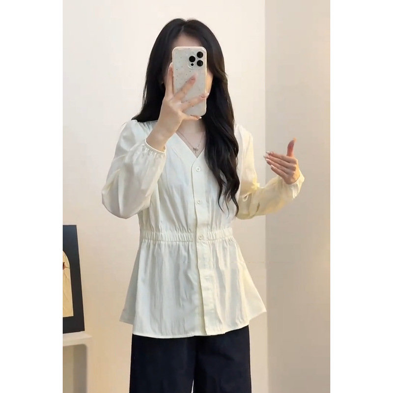 大码法式泡泡袖v领长袖衬衫女秋装胖mm显瘦设计感荷叶边雪纺上衣|undefined