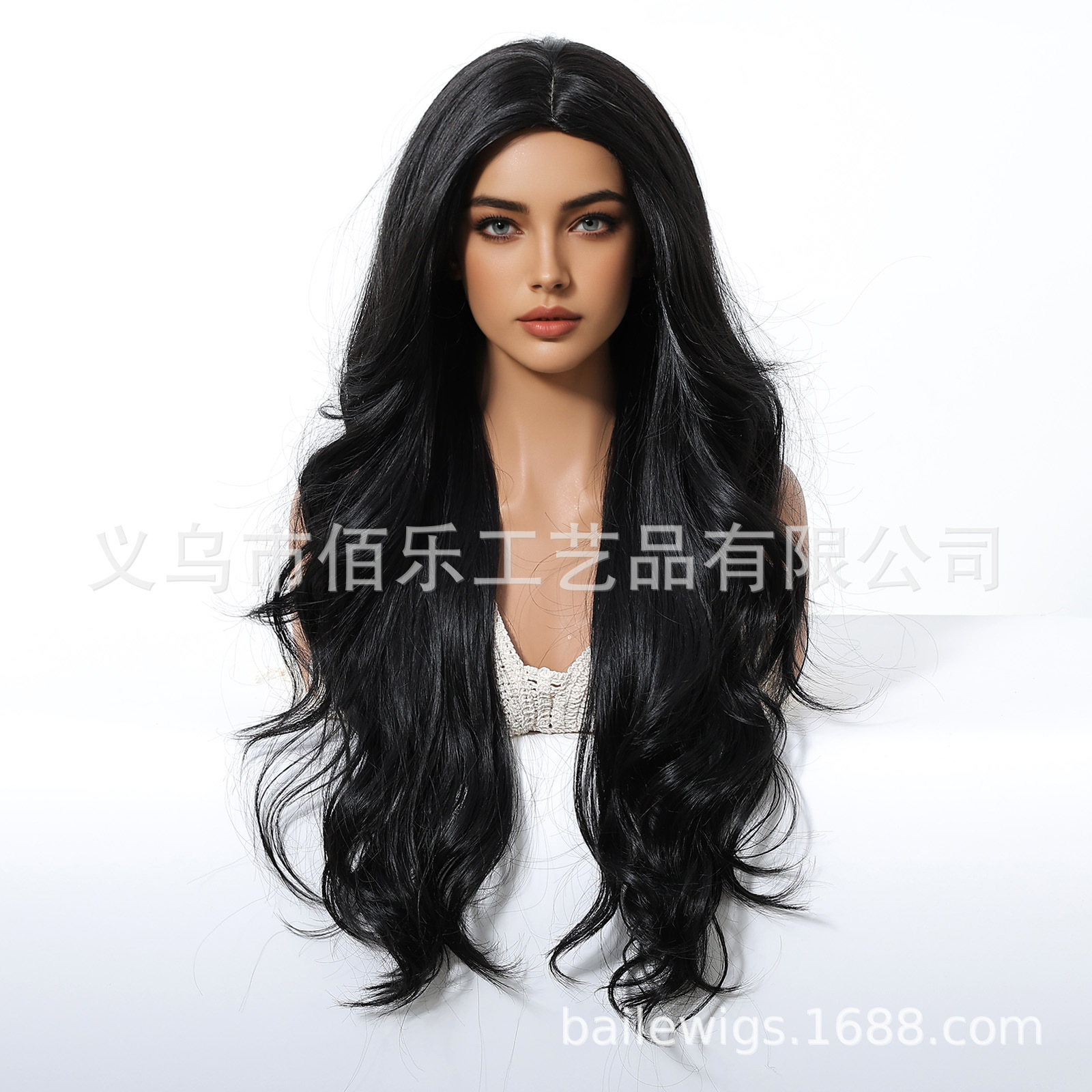 Peluca transfronteriza, cabello largo y rizado de punto medio negro, seda de alta temperatura, cubierta de cabeza completa, fibra química, hair femenino, stock europeo y americano al por mayor