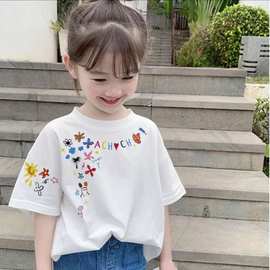 女童纯棉短袖夏季儿童新款涂鸦印花宽松百搭上衣中大童T恤半袖