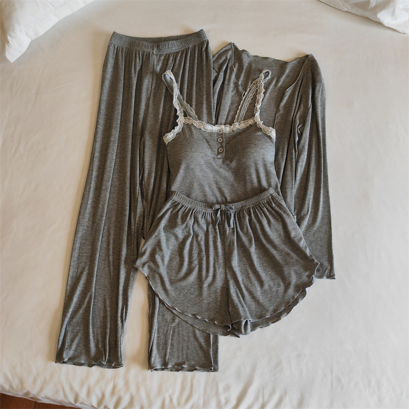 莫代爾睡衣女春秋冬款性感帶胸墊夏季吊帶長褲可外穿簡約家居服套