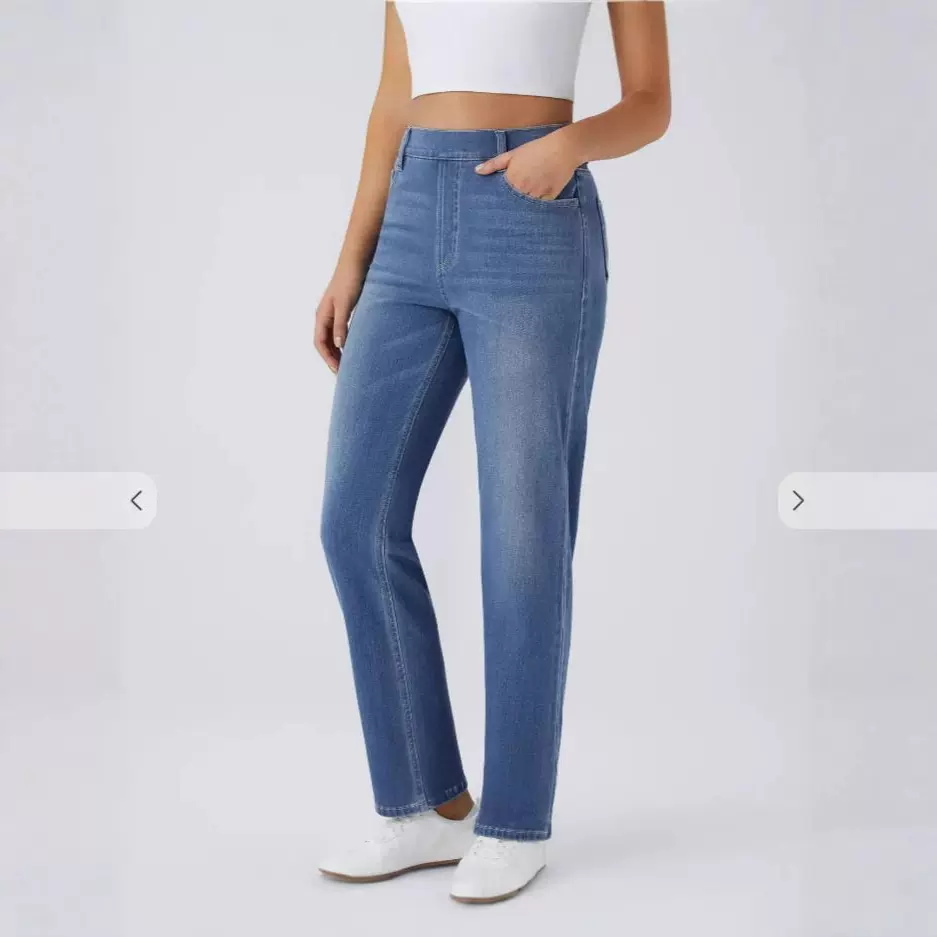 跨境新款高腰直筒猫须马骝瑜伽牛仔裤女 显瘦透气宽松健身休闲裤