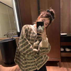 【羊羊世家】开衫外套女宽松上衣复古提花毛衣洋气针织衫外搭加厚