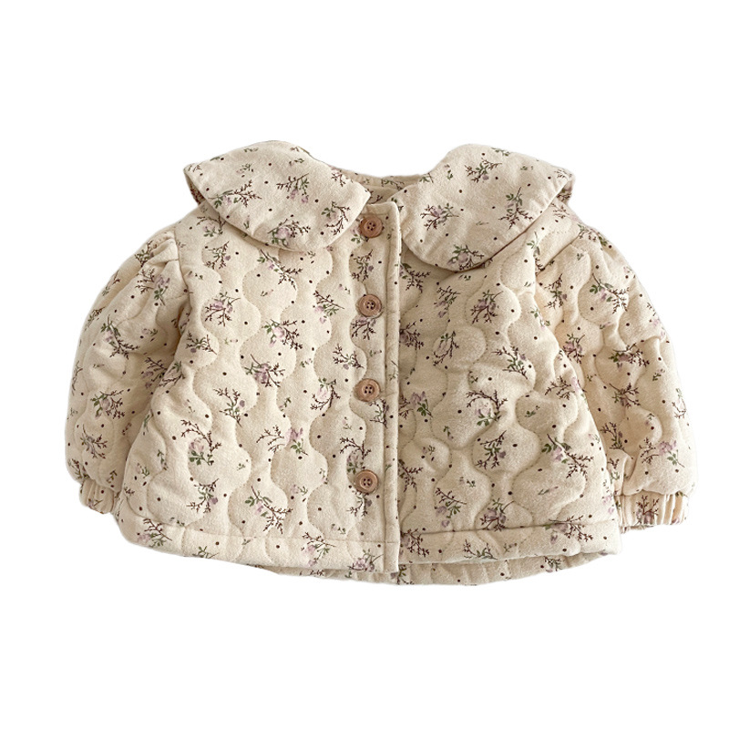 Ropa de algodón de invierno chaqueta de niñas con chaqueta de algodón de flor de terciopelo bebé con collar de encaje de manga larga cardigan cálido