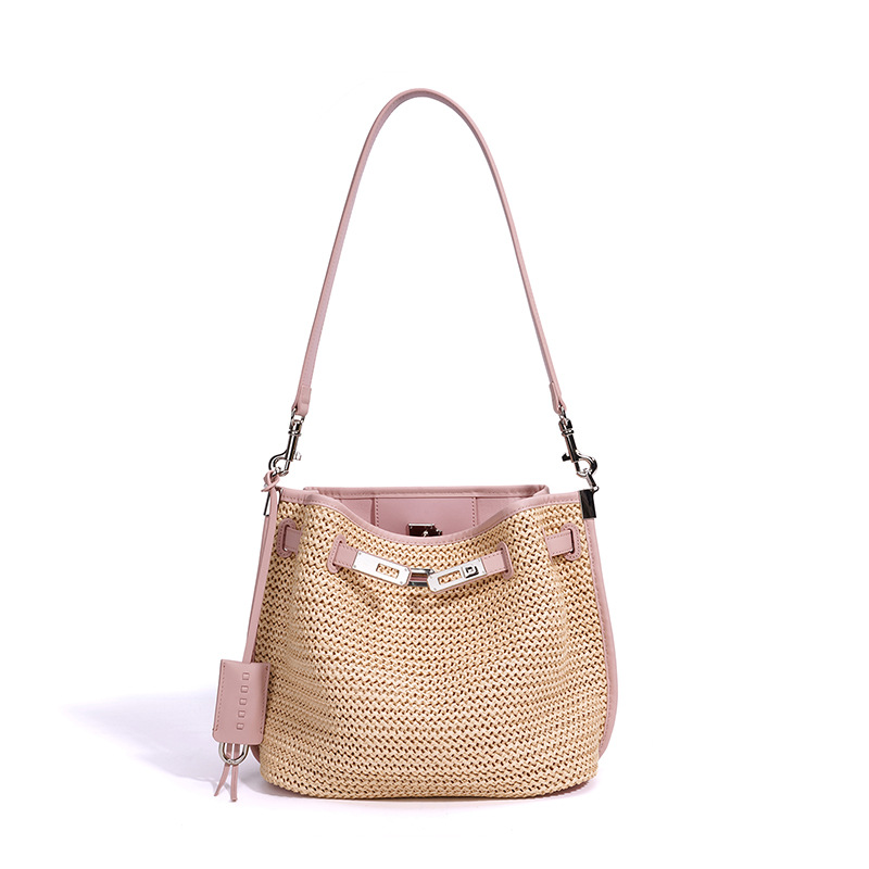 New Beach Vacation Straw Woven Bag Fashion Niche Shoulder Crossbody Bucket Bag Women's Ins Style Cowhide Handbag - Thumbnail 5