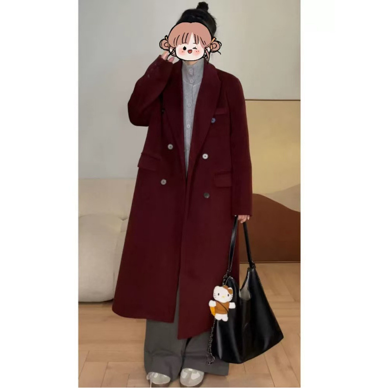 Angora Red Woolen Outwear for Women 2024 Autumn and Winter New Woolen Outwear High-End Korean Style for Small People