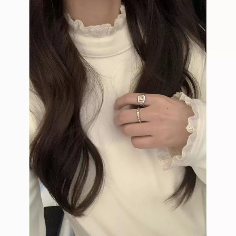 半高领蕾丝拼接长袖T恤双面加绒打底衫女花边内搭显瘦打底上衣女|undefined