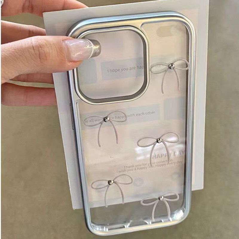 Korean-Style Bow Suitable for iPhone 17 Pro Max Apple 15 Silver Frame Phone Case 13 New Model 16 for Women