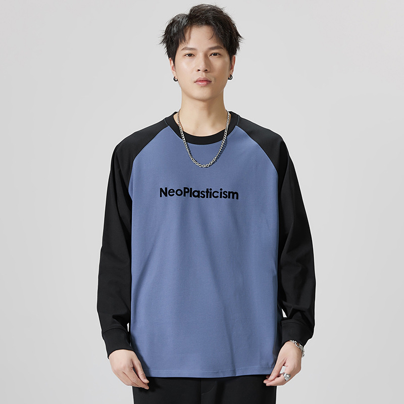 F1121 | Großes, neues Herbstprodukt für Herren, 260G, langärmliges T-Shirt mit Kuhhorn-Patchwork und lockerem Saum für Männer_voghion.com