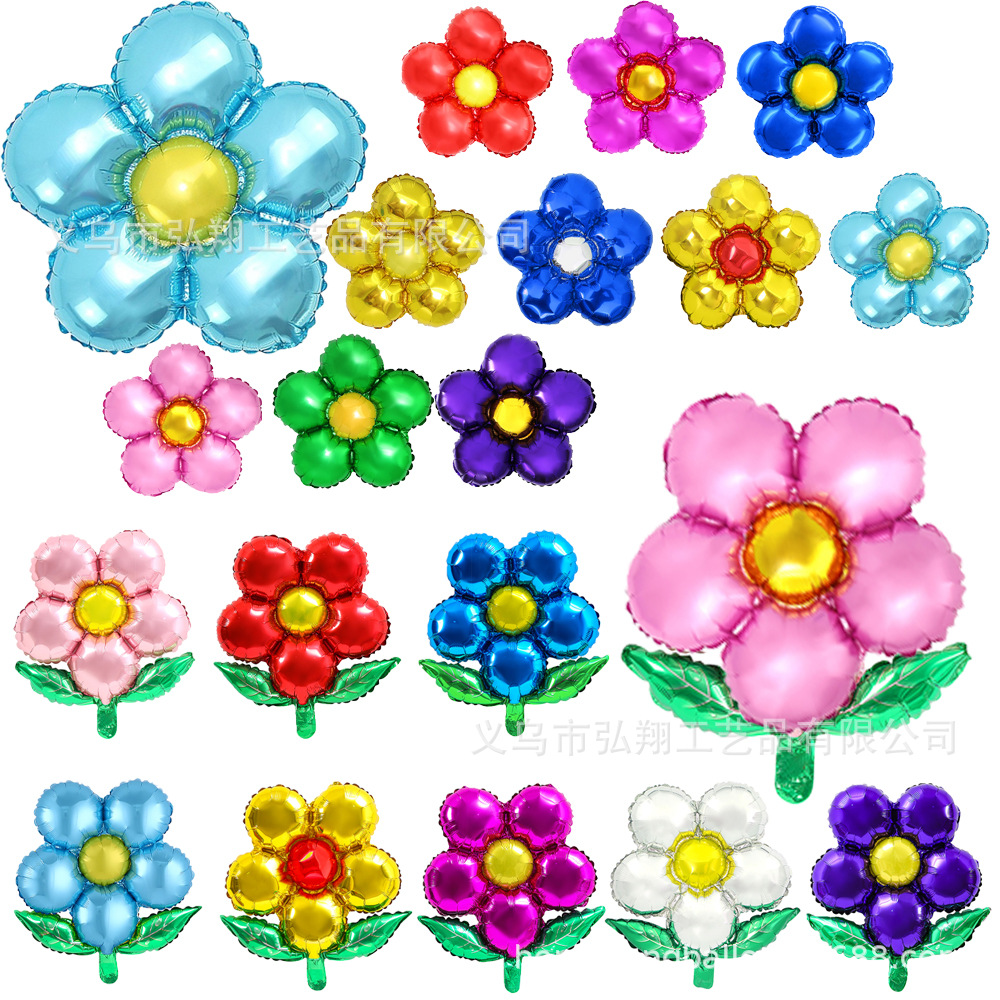 Five-petal flower green leaf round aluminum film balloon opening celebration flower shape party wedding decoration arrangement balloon