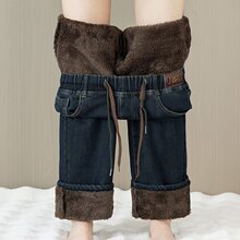 75-200加绒松紧腰牛仔羊羔绒直筒裤宽松春夏高腰弹力大码加厚新款