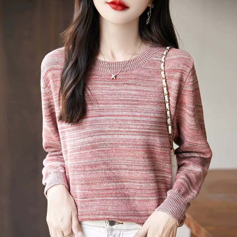 25秋季新款圆领棉线针织衫长袖女七针加厚宽松打底套头条纹上衣批